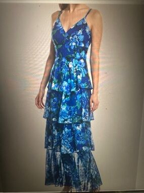 Eliza J Blue Floral Tiered Maxi Dress, size 12